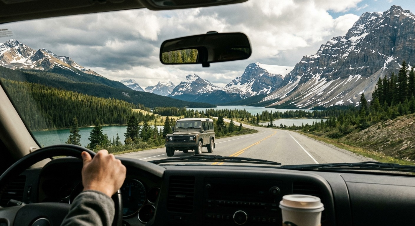 British Columbia mountain highway with snow peaks